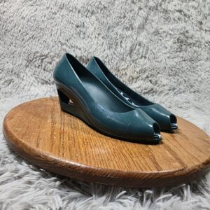 Sandak Womens Size 6 EU 3 Retro Teal/White Synthetic Peep Toe Wedge Heels Pumps